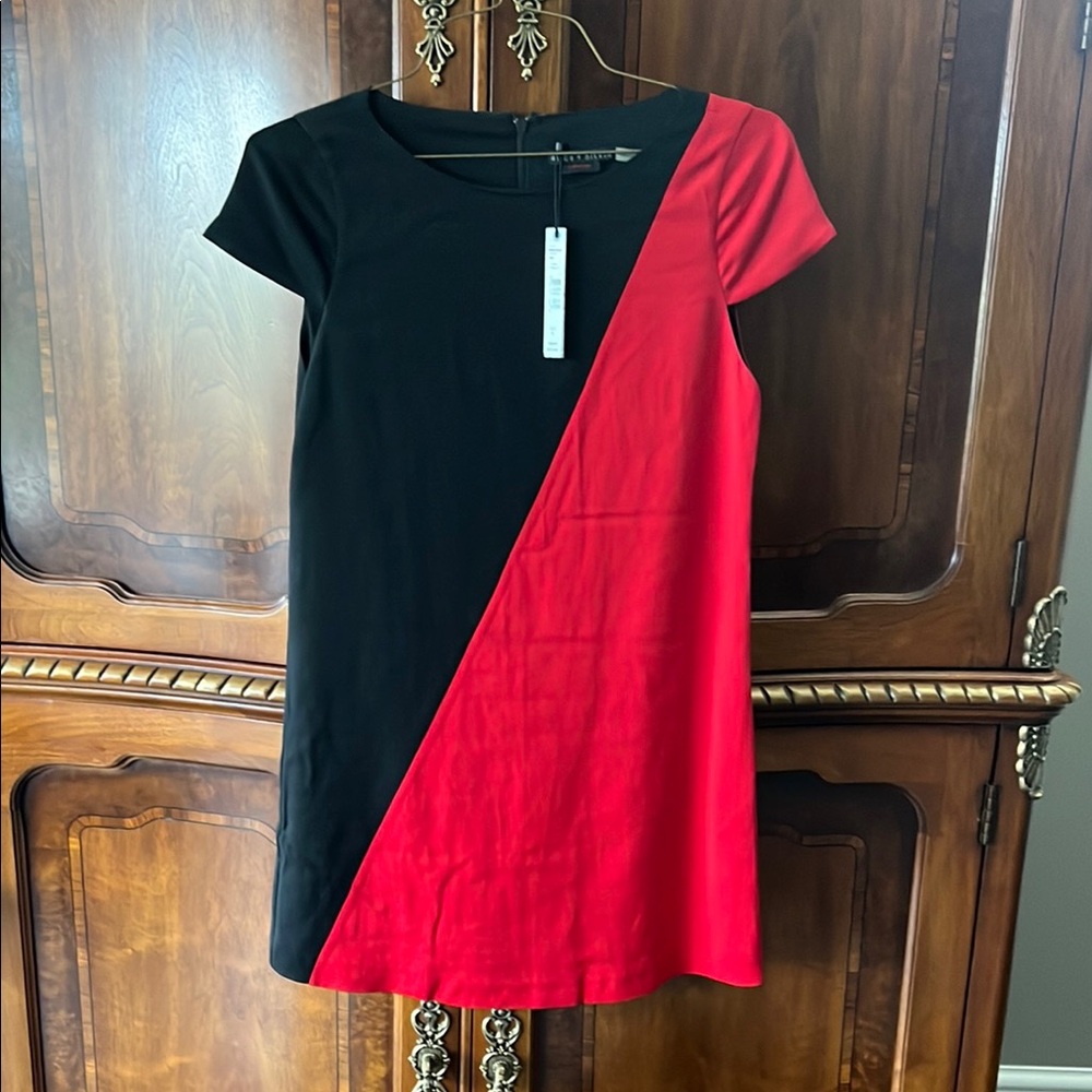 Alice + Olivia Black and Red Asymmetrical Sheath Mini Dress